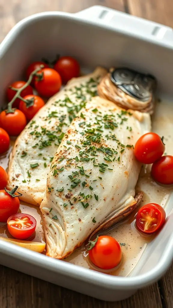 Oven-roasted sea bass with cherry tomatoes in a baking dish