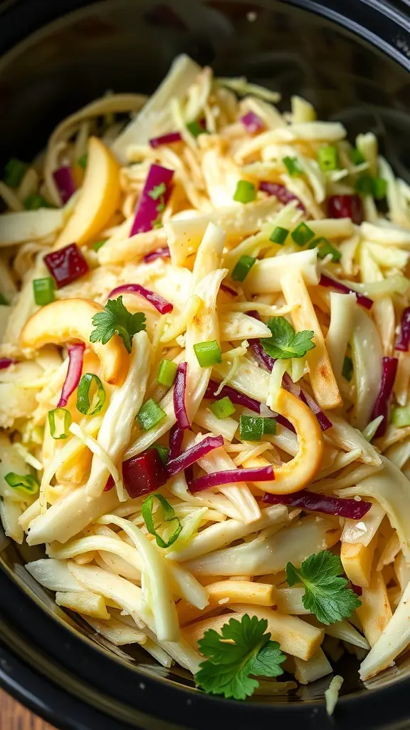 A bowl of Tangy Cabbage and Apple Slaw with green and red cabbage, sliced apples, and green onions.