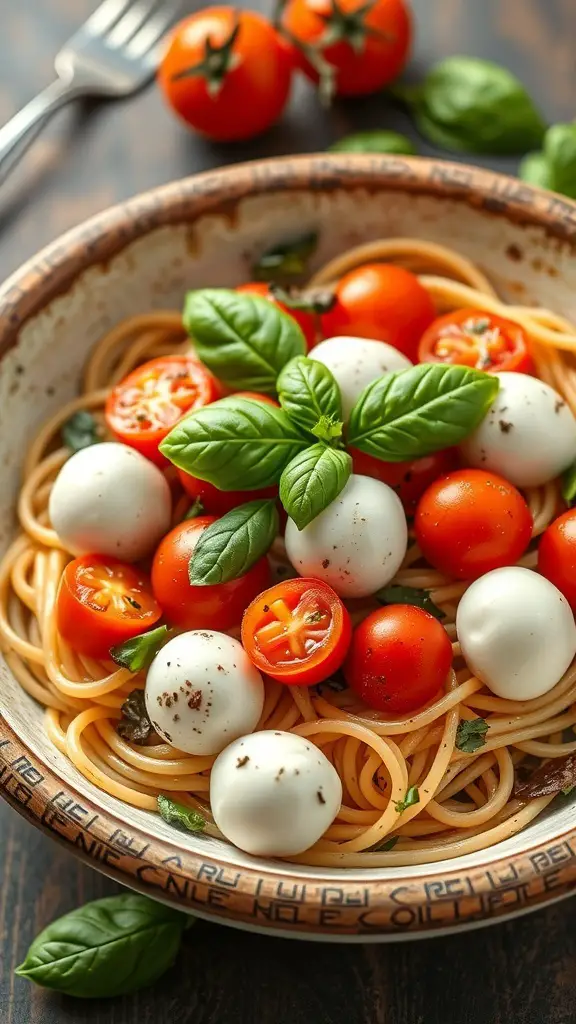 A bowl of Tomato Basil Caprese Pasta with cherry tomatoes, mozzarella balls, and fresh basil.