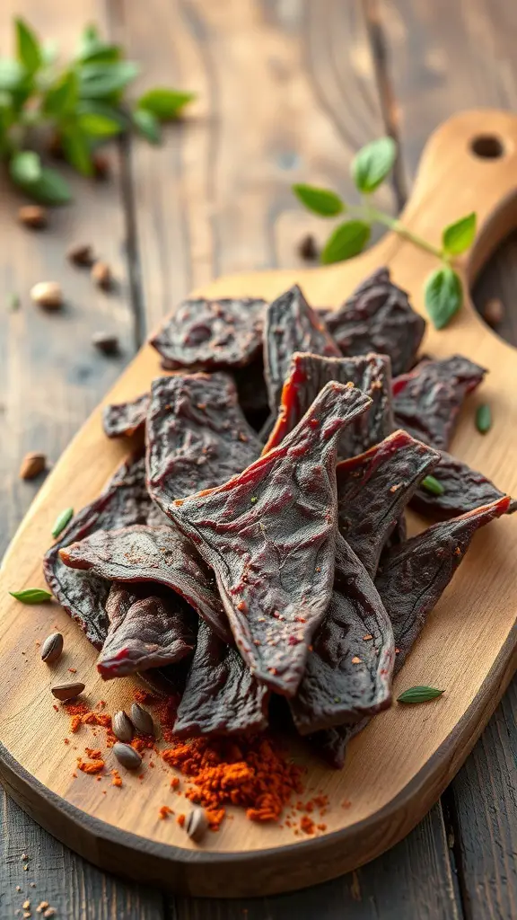 A wooden board with pieces of beef jerky, garnished with herbs and spices.