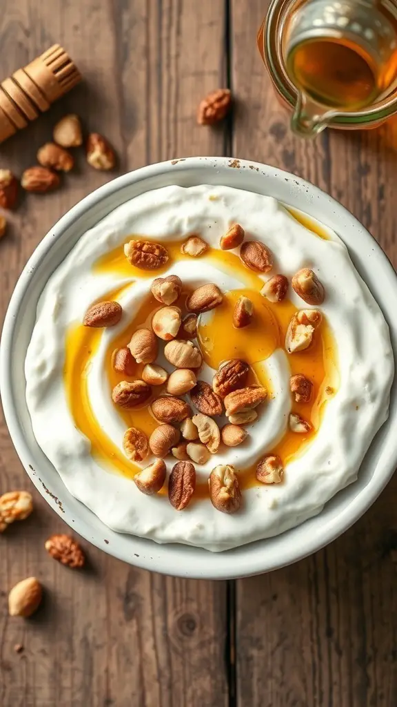 A bowl of Greek yogurt topped with honey and mixed nuts on a wooden table.