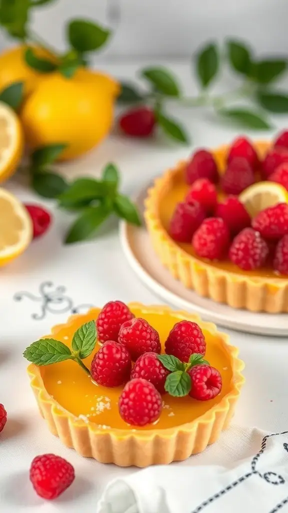 A delicious Lemon Raspberry Tart topped with fresh raspberries and mint leaves, surrounded by lemons.