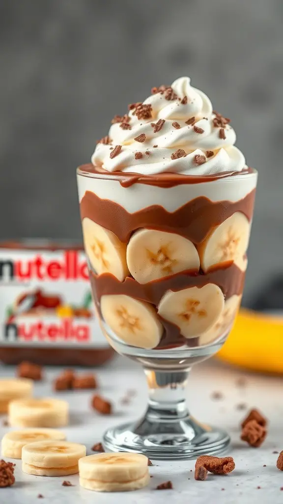 A delicious Nutella and banana trifle in a glass, topped with whipped cream and chocolate crumbs