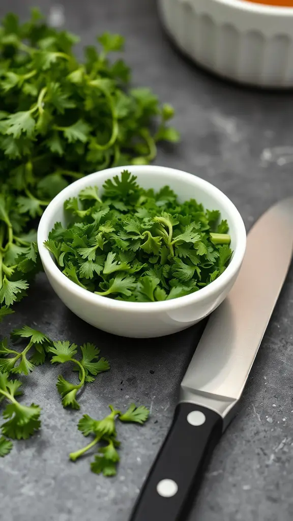 Fresh cilantro leaves in a bowl with a knife beside them.