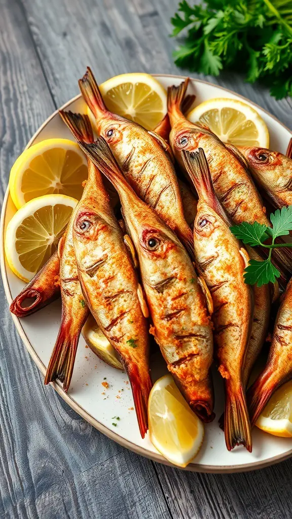 A plate of crispy fried anchovies served with lemon slices and parsley.