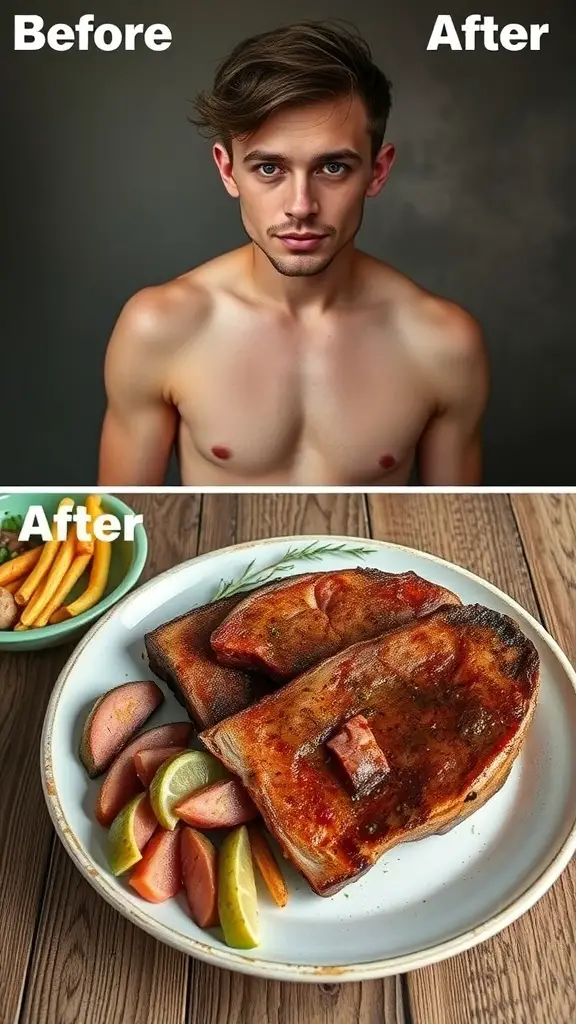 Before and after transformation of a person on the carnivore diet, featuring cooked ribeye steaks.