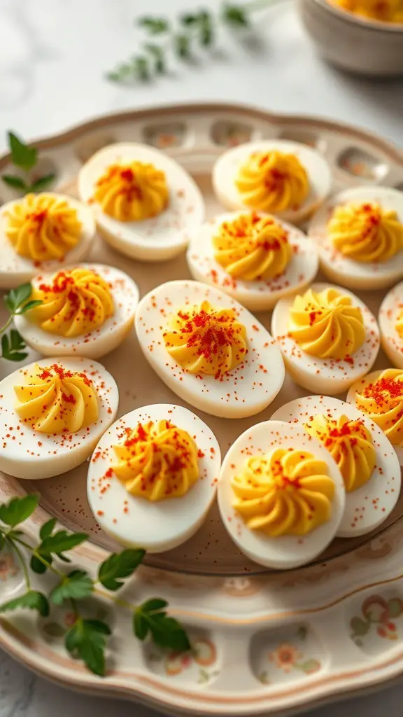 A platter of deviled eggs garnished with paprika and parsley.