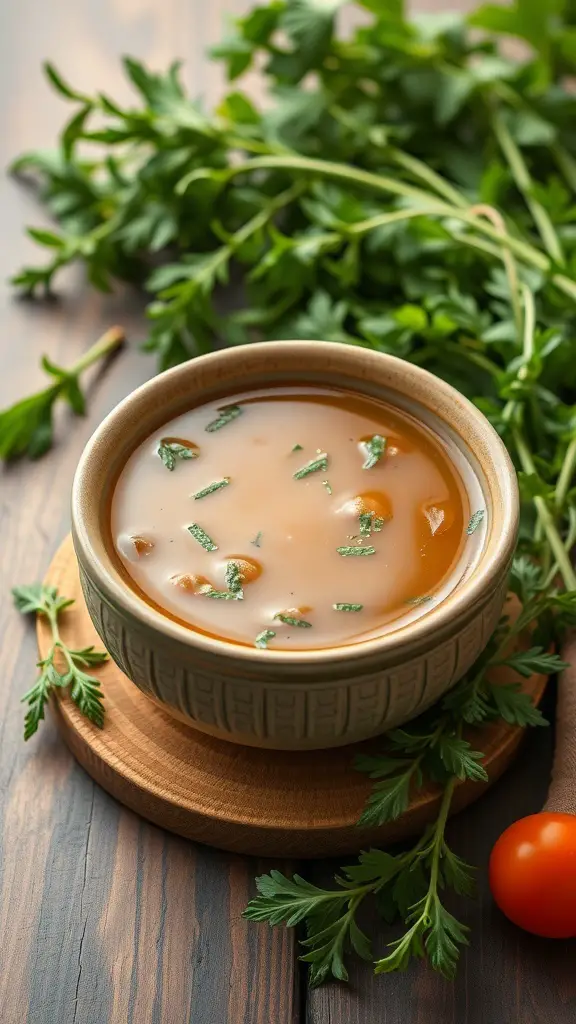 A bowl of herbed vegetable broth garnished with fresh herbs, placed on a wooden surface.