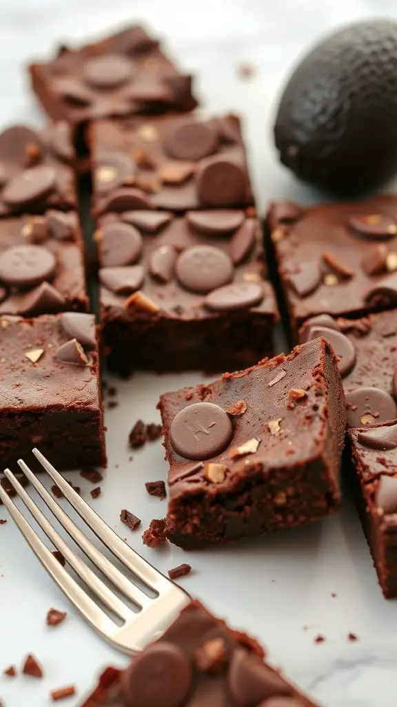 Delicious chocolate avocado brownies with chocolate chips on top, served with a fork.