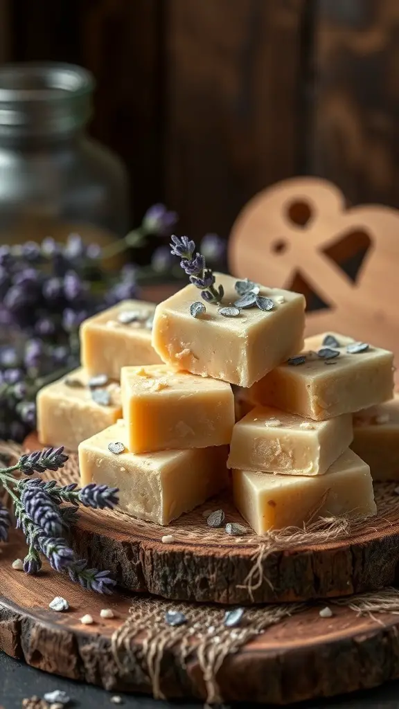 Lavender honey fudge pieces stacked on a wooden platter with lavender flowers