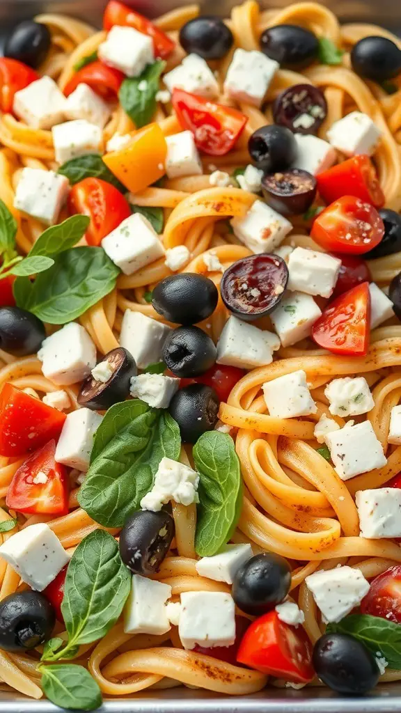 A vibrant Greek pasta salad with grilled vegetables, cherry tomatoes, olives, and feta cheese.