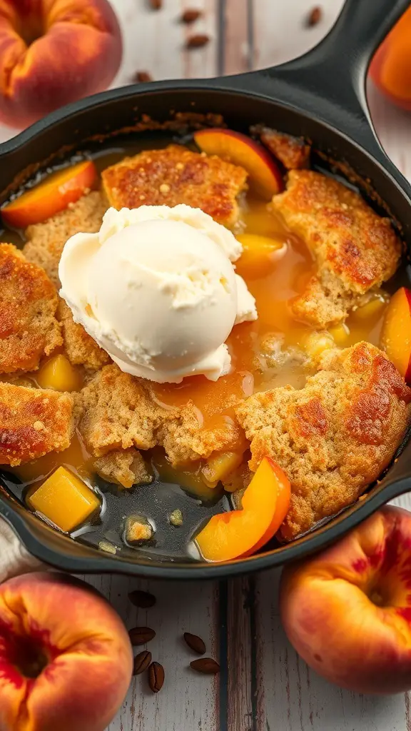 A delicious homemade peach cobbler topped with vanilla ice cream, surrounded by fresh peaches.