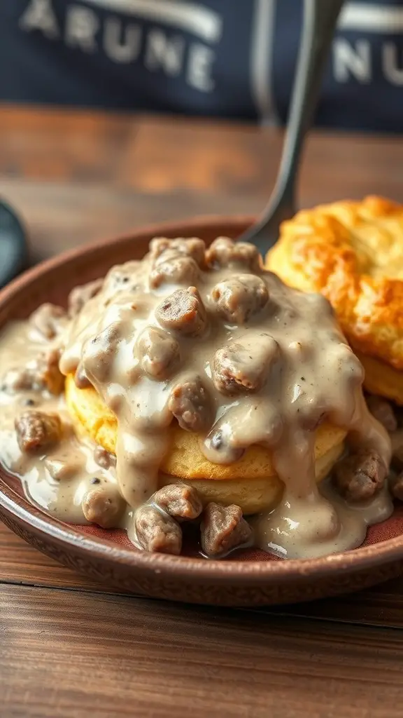 A plate of biscuits topped with creamy sausage gravy, showcasing a classic Southern dish.