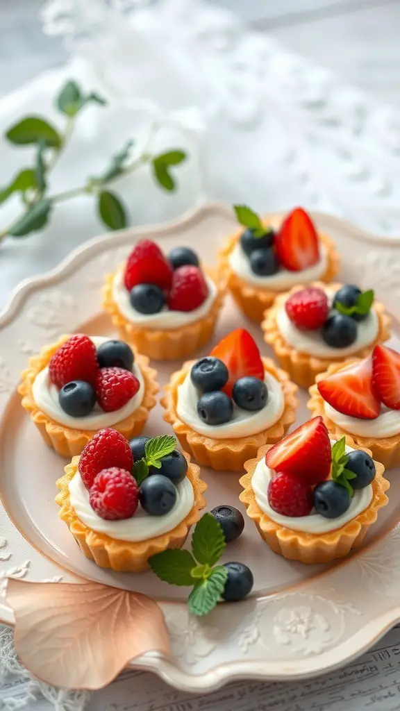 A plate of mini fruit tarts topped with strawberries, raspberries, and blueberries.