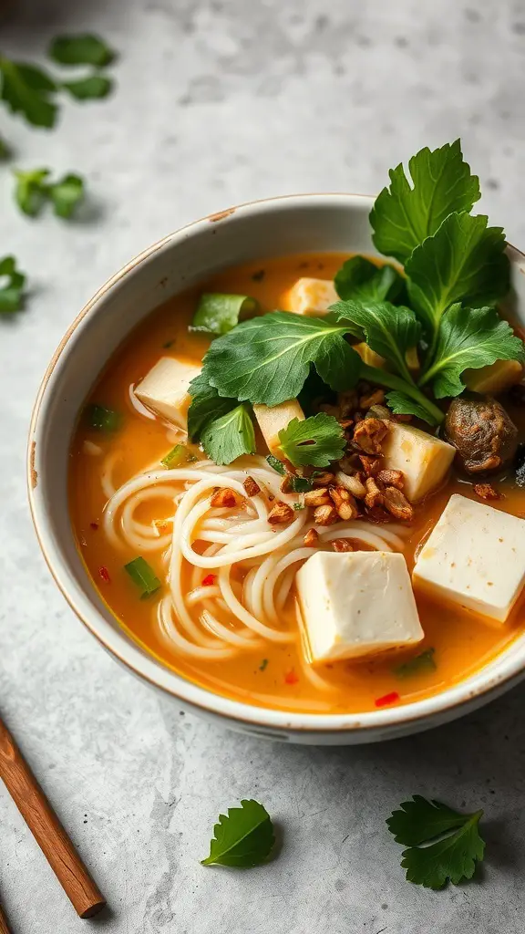 A bowl of noodle tofu soup with tofu cubes, noodles, and fresh herbs on top.