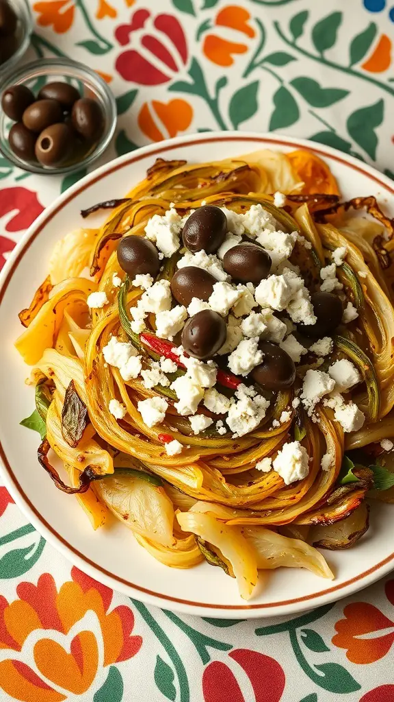 A plate of Mediterranean baked cabbage topped with feta cheese and olives on a floral tablecloth.