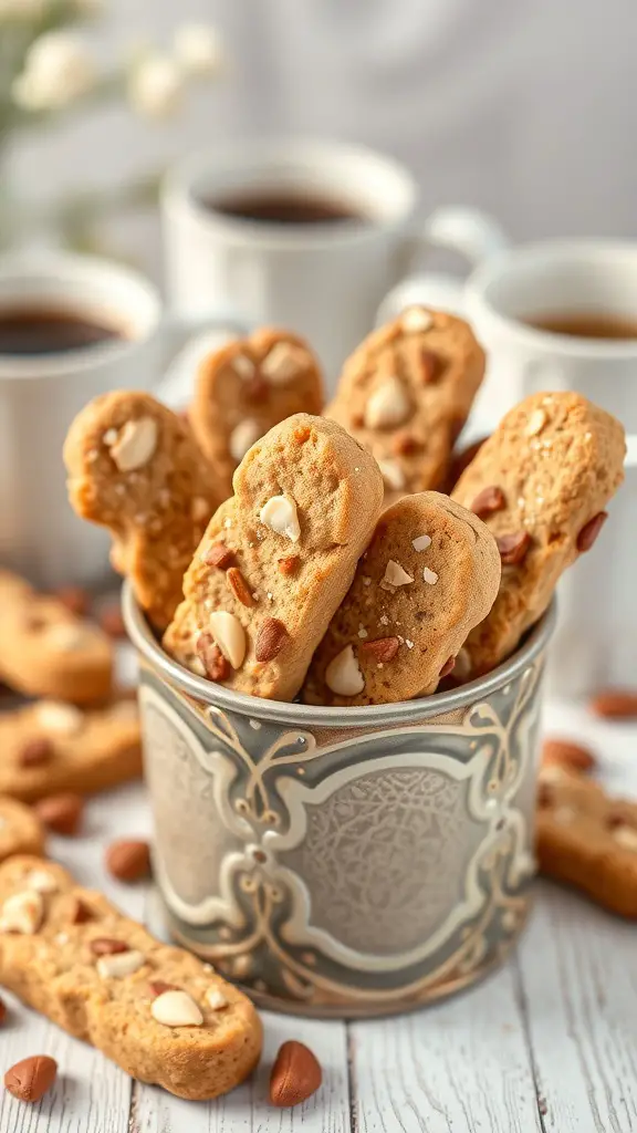 A decorative tin filled with toffee almond biscotti, surrounded by coffee cups and scattered almonds.