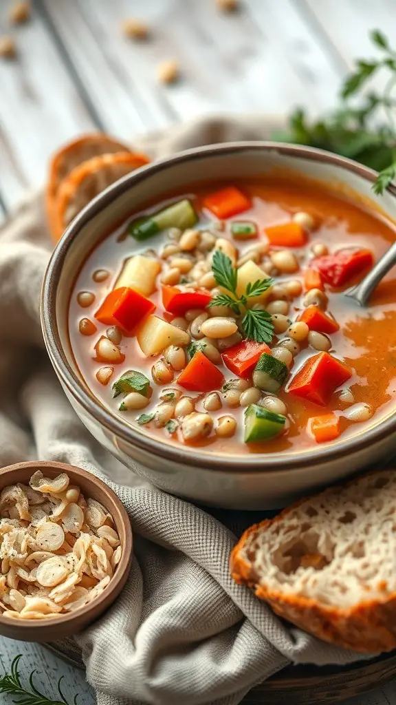 A bowl of krupnik soup with barley and colorful vegetables, served with bread.