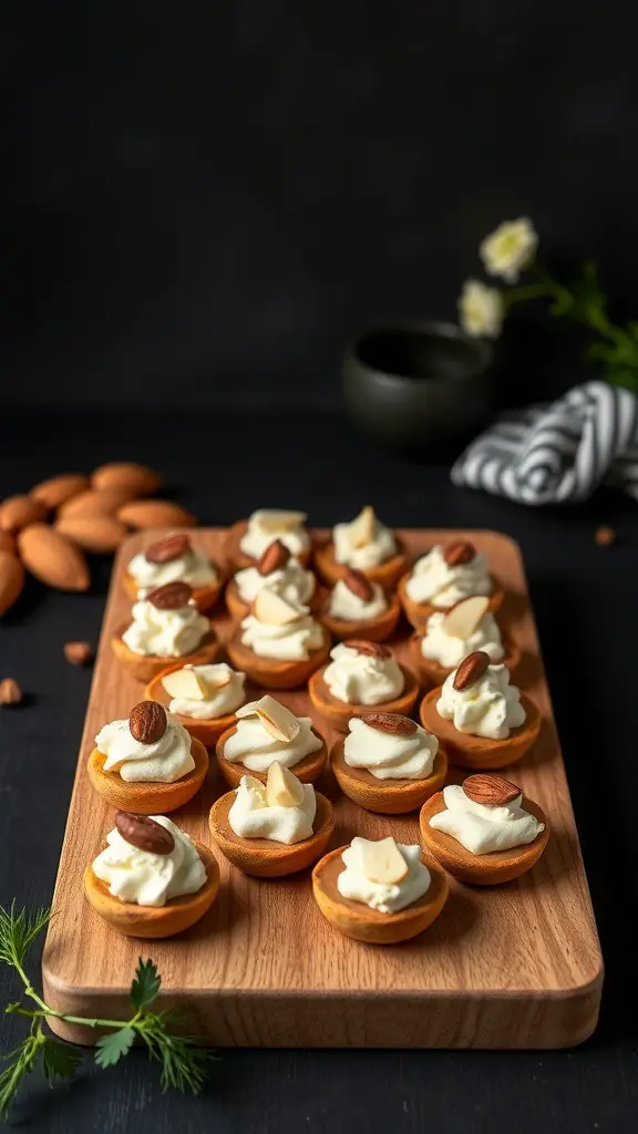 A wooden platter filled with Cottage Cheese and Almond Joy Bites topped with almonds.