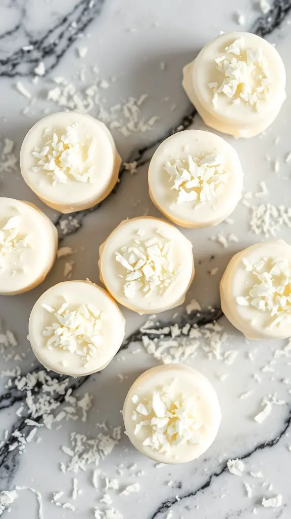 A close-up of Vanilla Coconut Fat Bombs topped with shredded coconut on a marble surface.
