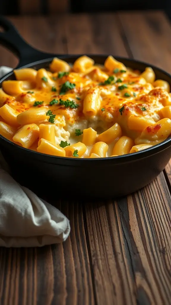 A delicious baked macaroni and cheese dish in a black skillet, topped with breadcrumbs and garnished with parsley.