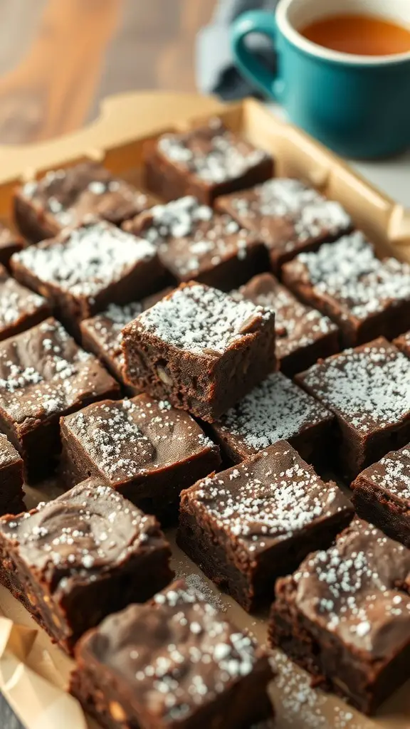 A tray of chewy brownie bites dusted with powdered sugar, ready to be served.