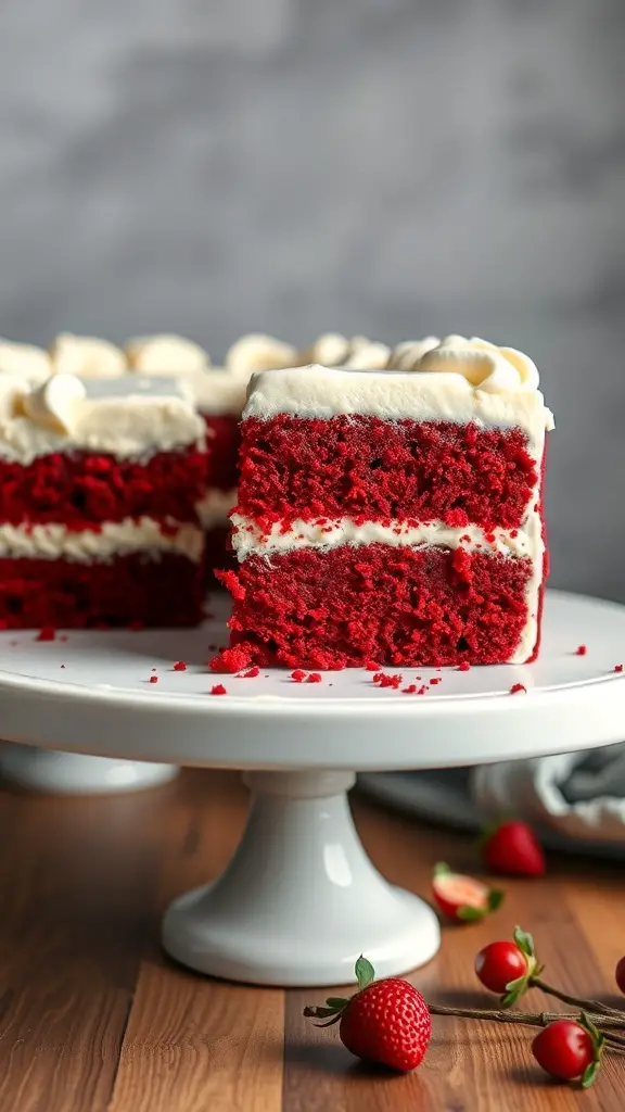 A slice of red velvet cake with cream cheese frosting on a white cake stand, garnished with strawberries.