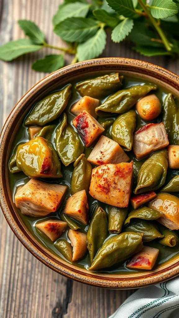 Bowl of collard greens with smoked ham hocks