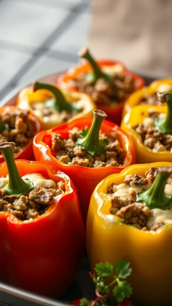 Stuffed bell peppers filled with ground beef and topped with cheese
