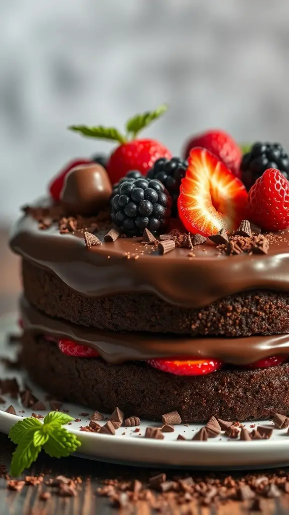 A beautifully decorated chocolate cake with ganache, topped with fresh berries and mint leaves.