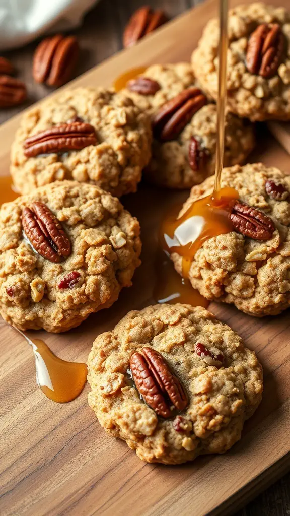 Maple Pecan Oatmeal Cookies with syrup drizzled on top