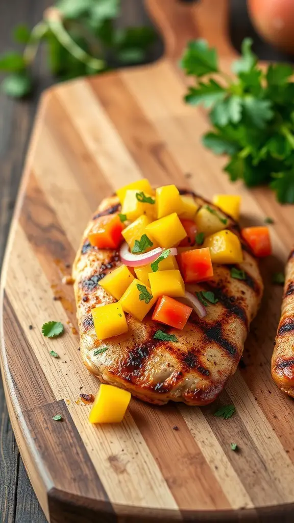 Grilled chicken breast topped with mango salsa on a wooden cutting board