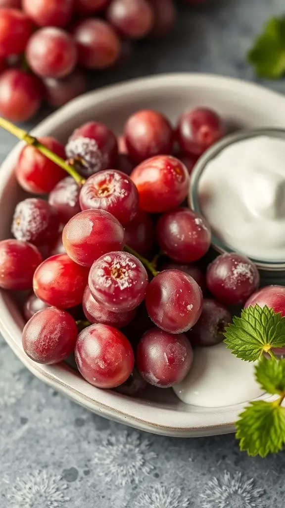 A bowl of frozen grapes with a yogurt dip on the side, garnished with fresh mint.