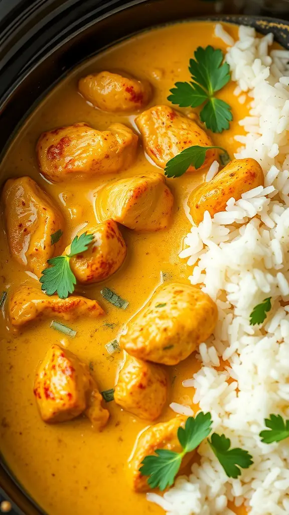 A bowl of coconut curry chicken with rice, garnished with fresh herbs.