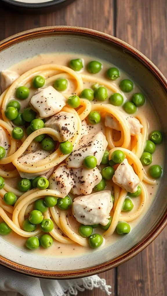 A bowl of Chicken Carbonara with Peas, featuring spaghetti, chicken pieces, and green peas in a creamy sauce.