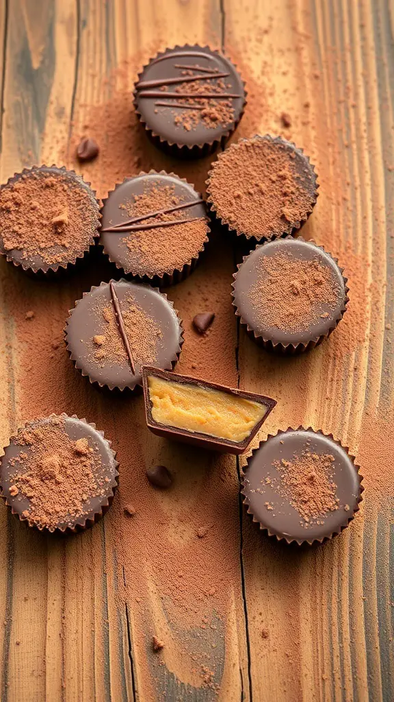 A collection of chocolate peanut butter cups, with one cut open to show the creamy filling inside.
