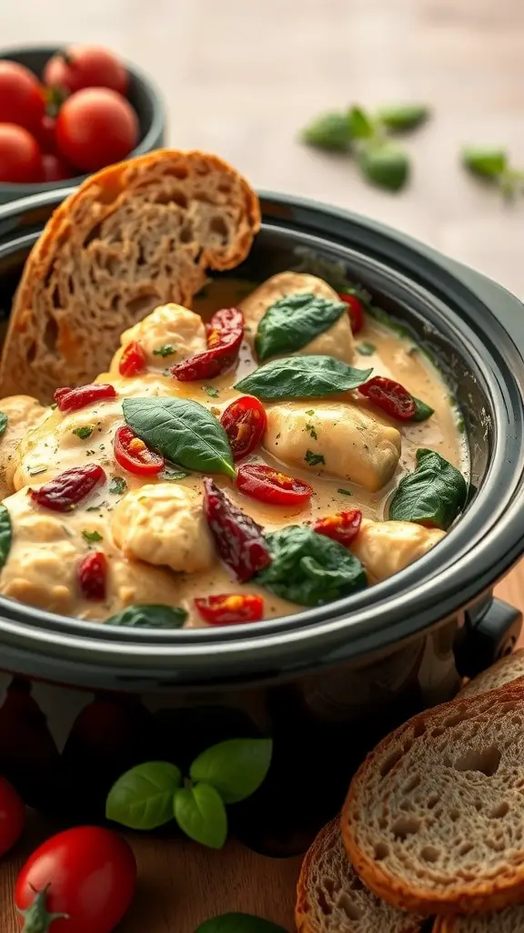 A slow cooker filled with creamy Tuscan chicken, featuring sun-dried tomatoes and spinach, with a slice of bread on the side.