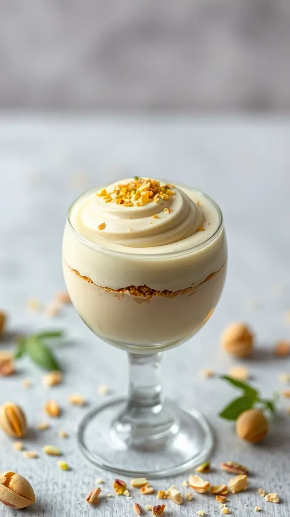 A glass of pistachio and rose water mousse topped with crushed pistachios.