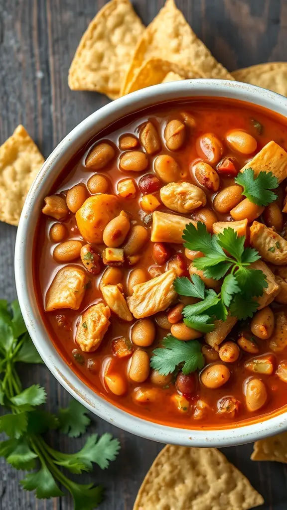 A bowl of chicken chili with beans, garnished with cilantro, surrounded by tortilla chips.