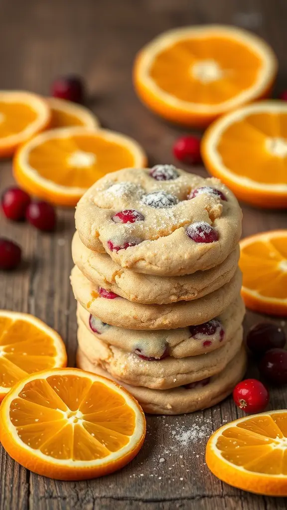 A stack of cranberry orange shortbread cookies with fresh orange slices and cranberries.
