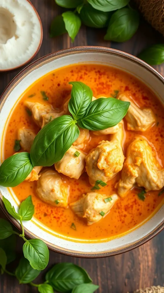 A bowl of Thai chicken curry with coconut milk, garnished with fresh basil leaves.