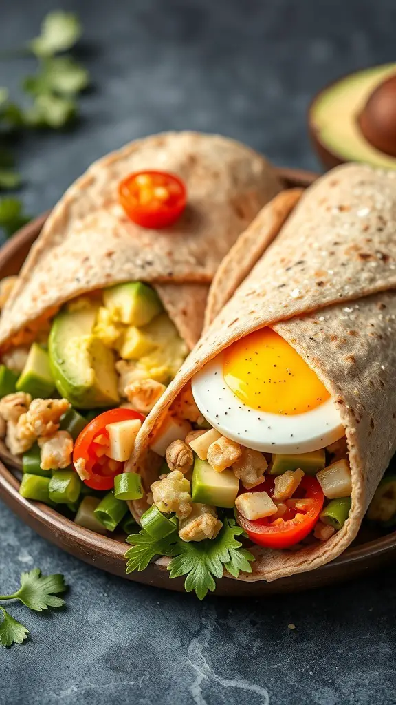 A plate with two egg and avocado breakfast wraps, garnished with fresh vegetables.