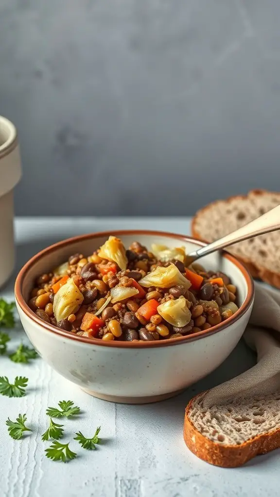 A bowl of cabbage and lentil casserole with vegetables and a side of bread.