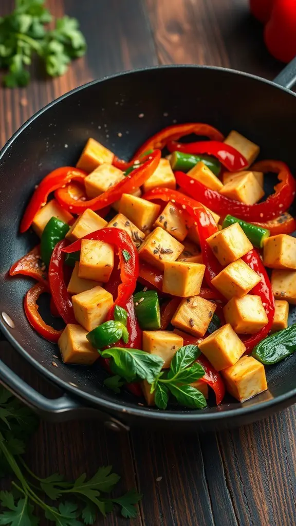 A colorful vegetable stir-fry with tofu in a black skillet, featuring red and green bell peppers.