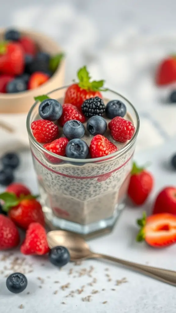A glass of chia seed pudding topped with fresh berries, surrounded by more berries.