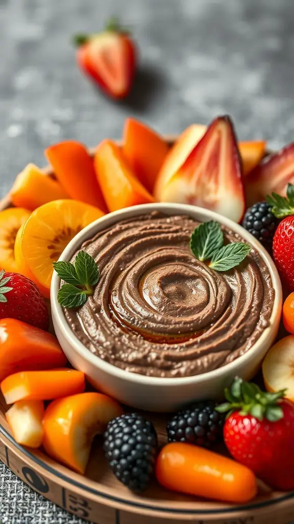 A bowl of chocolate hummus surrounded by fresh fruits like strawberries, peaches, and blackberries.