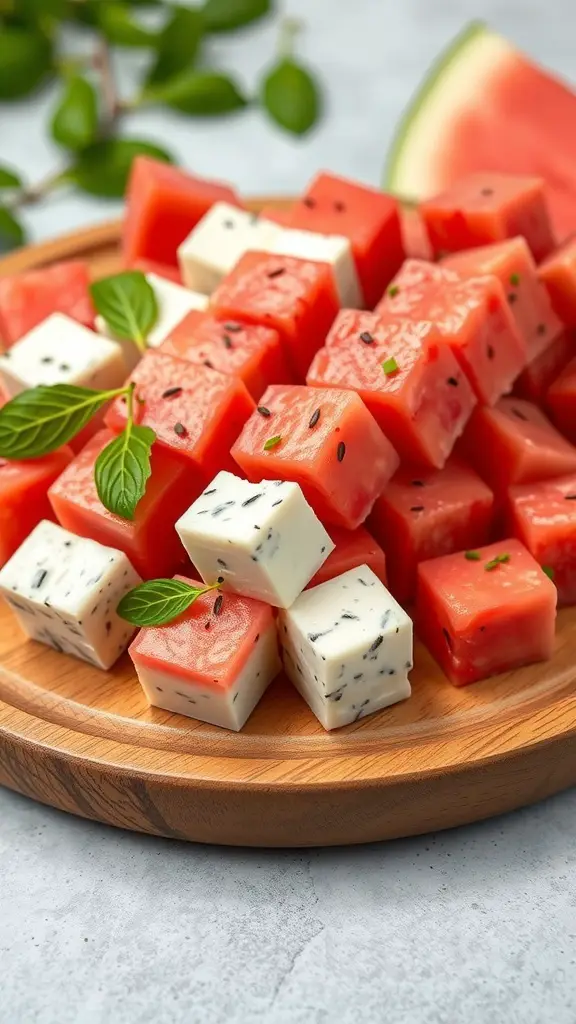 A wooden platter with cubes of watermelon and feta cheese, garnished with fresh herbs.