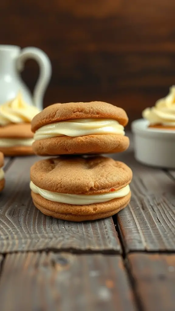 A stack of brown butter cookie sandwiches with creamy filling
