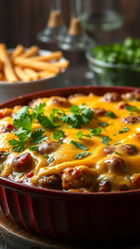 A cheesy hamburger casserole topped with cilantro, served with fries and salad.