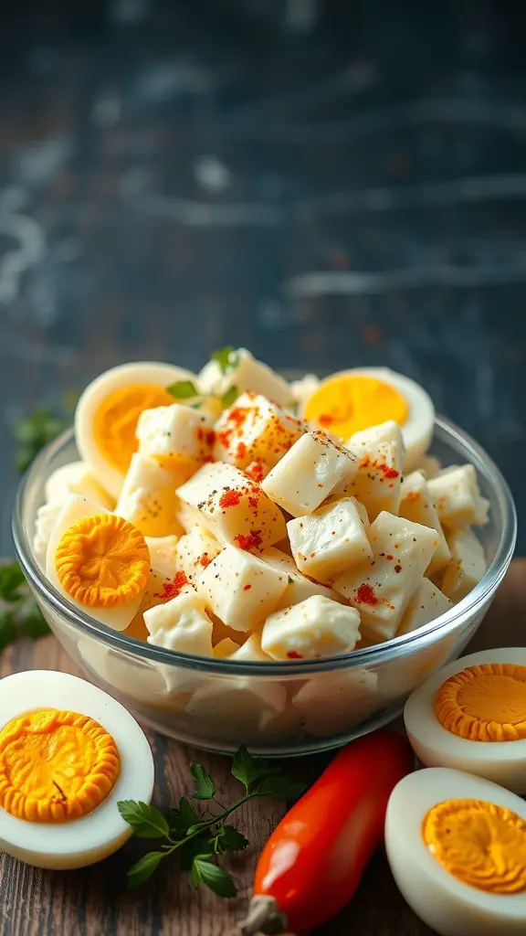 Bowl of classic potato salad with egg, garnished with paprika and fresh herbs.